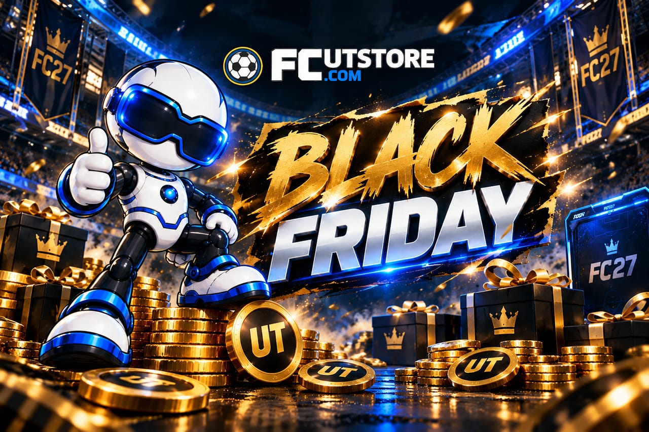 FCUTSTORE Black Friday FC 27 banner with robot mascot and Ultimate Team coins